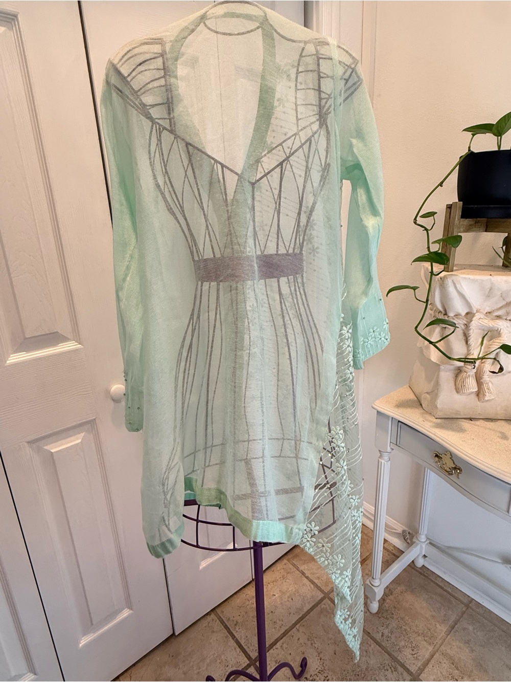 Cottage core Resort Wear VinageBrand Mint Sheer Floral Embellished Kimono Jacket - Picture 7 of 7